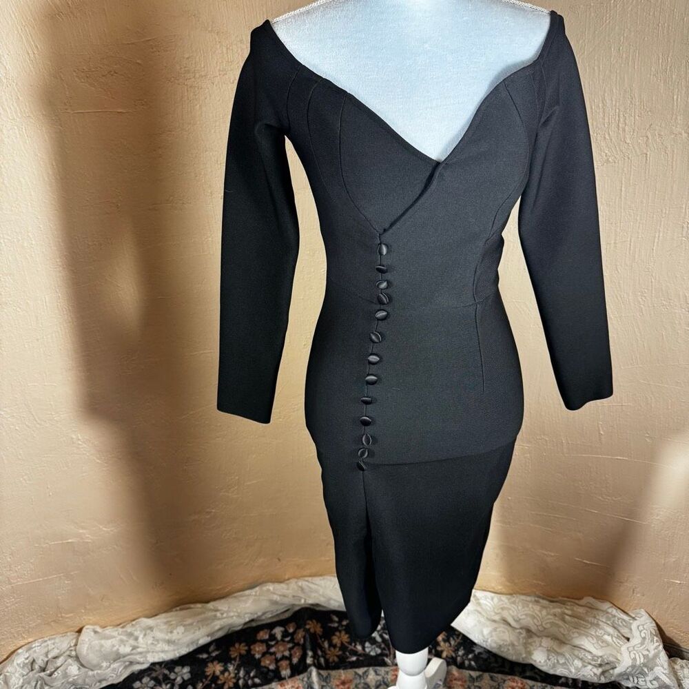 Bella Barnett Black Bandage Bodycon Midi Dress | Off-Shoulder V-Neck | Button Fr